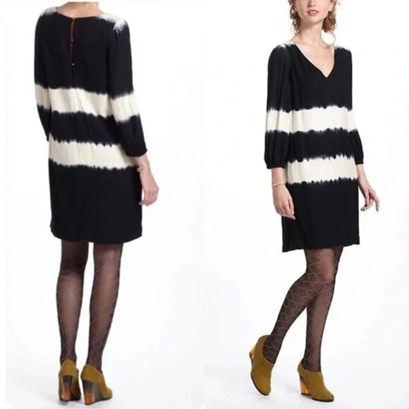 Anthropologie Floreat Ink Wash Tie Dye Dress V-Neck 3/4 Sleeve Black, Size 2 - Picture 3 of 15